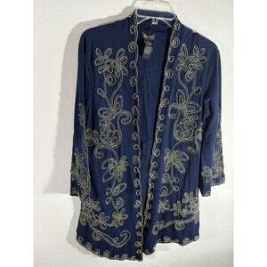 Objects D’art Woman’s Navy Embroidered Gold Trim Jacket Asymmetrical Large